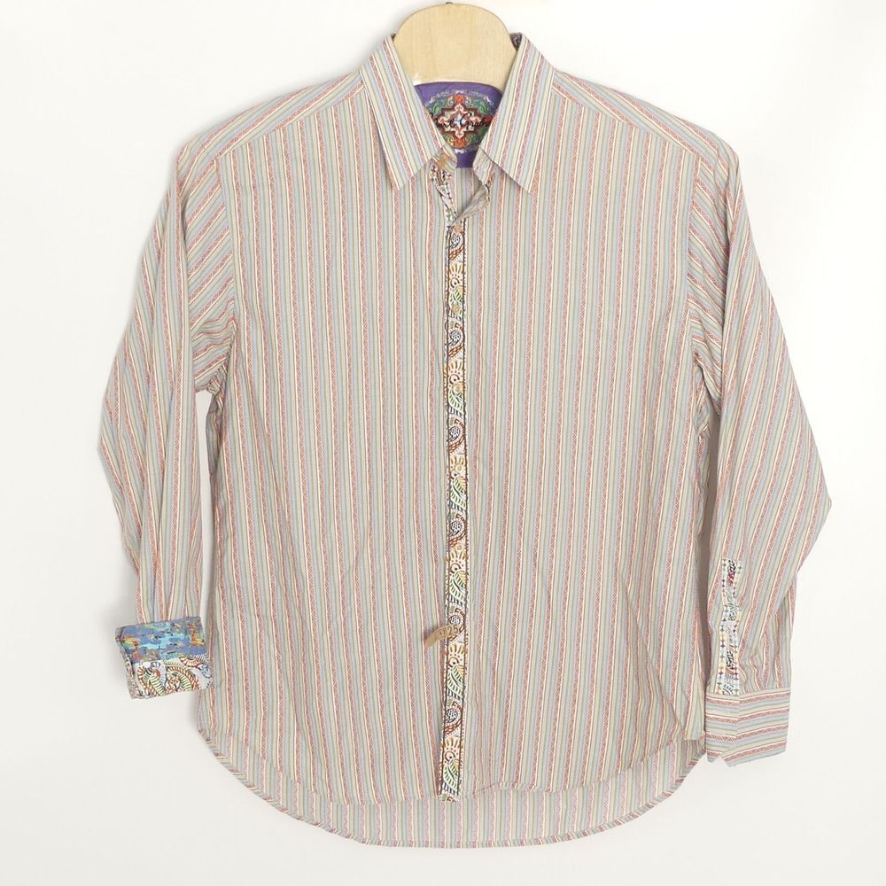 Robert Graham Men's 2XL Long Sleeve Shirt‎ Orange Light Blue Stripe Embroidered